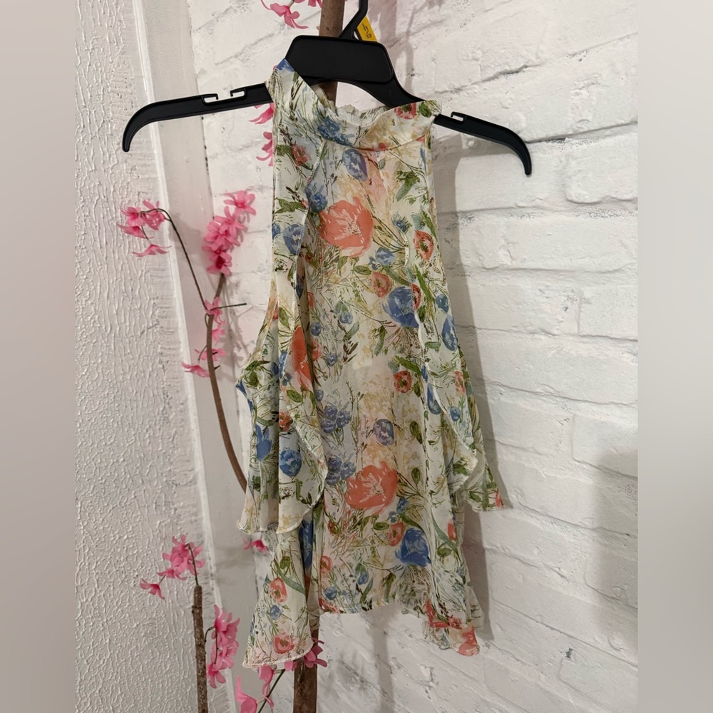Floral Sleeveless Ruffle Blouse in Cream with Coral & Blue Flowers